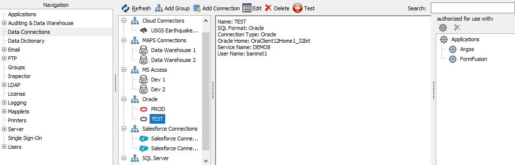 ADO Connections screen showing three connection pools: MAPS databases, MS Access, and Oracle.  Each pool has several connections under it.  The selected DEVL8 connection is authorized for use with FormFusion and Argos.